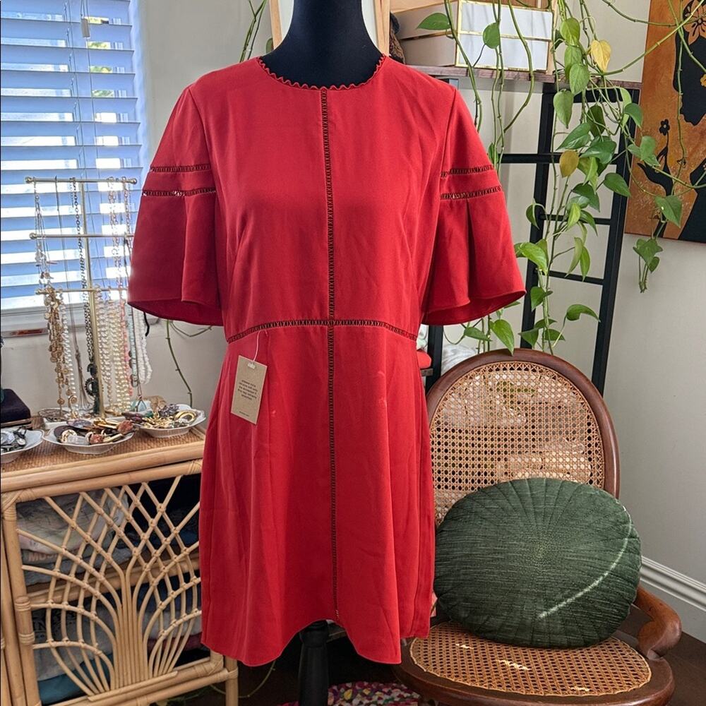 NWT Whistles Estrella Burnt Orange Terra Cotta Fluted Sleeve Classic Shift Dress